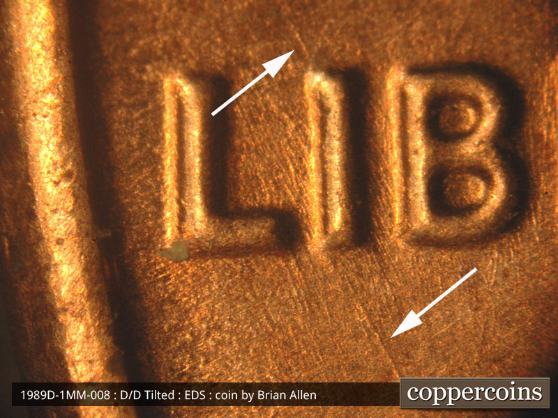 Die-stage A marker on 1989D•1MM•008 (1989 Repunched Mint Mark).