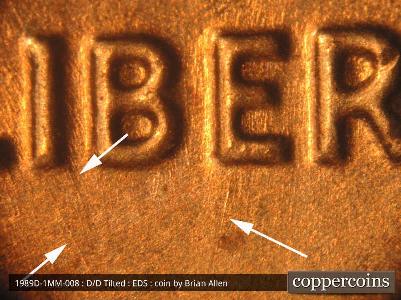 Die-stage A marker on 1989D•1MM•008 (1989 Repunched Mint Mark).
