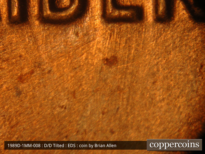 Die-stage A marker on 1989D•1MM•008 (1989 Repunched Mint Mark).