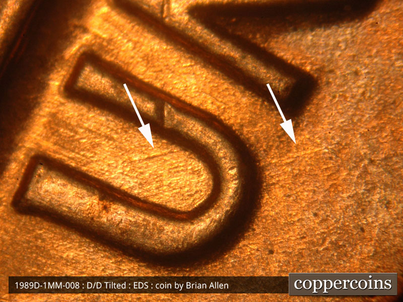 Die-stage A marker on 1989D•1MM•008 (1989 Repunched Mint Mark).