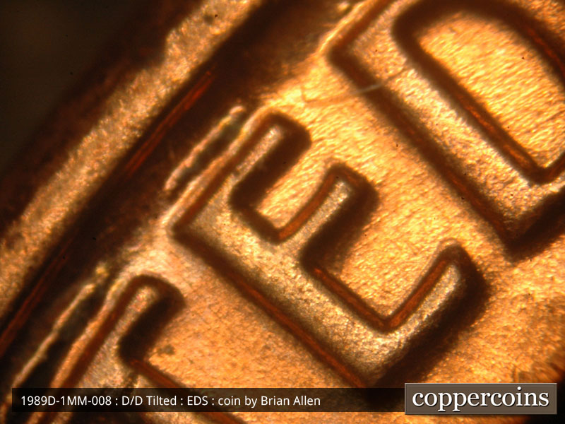 Die-stage A marker on 1989D•1MM•008 (1989 Repunched Mint Mark).