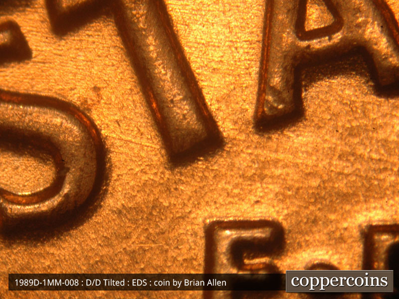 Die-stage A marker on 1989D•1MM•008 (1989 Repunched Mint Mark).