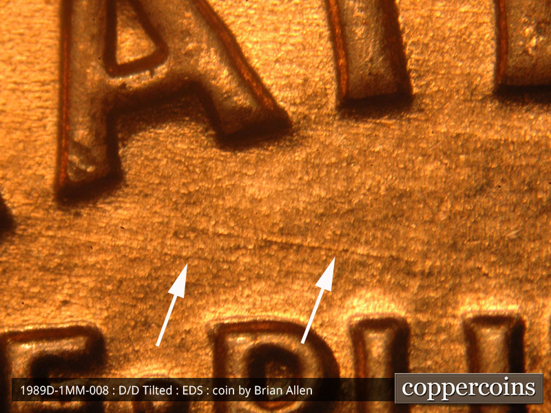 Die-stage A marker on 1989D•1MM•008 (1989 Repunched Mint Mark).