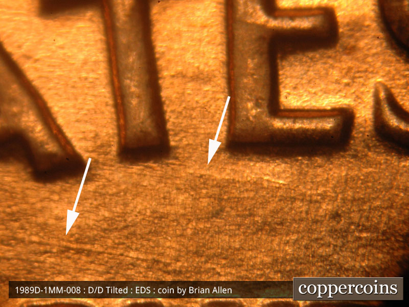 Die-stage A marker on 1989D•1MM•008 (1989 Repunched Mint Mark).