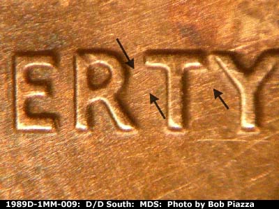 Die-stage B marker on 1989D•1MM•009 (1989 Repunched Mint Mark).