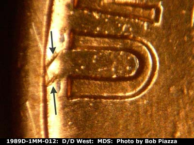 Die-stage B marker on 1989D•1MM•012 (1989 Repunched Mint Mark).