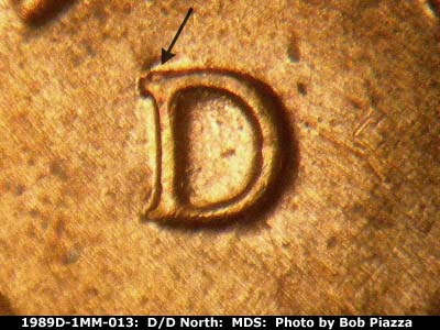 Die-stage B marker on 1989D•1MM•013 (1989 Repunched Mint Mark).