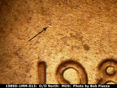 Die-stage B marker on 1989D•1MM•013 (1989 Repunched Mint Mark).