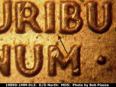 Die-stage B marker on 1989D•1MM•013 (1989 Repunched Mint Mark).