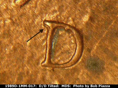 Die-stage B marker on 1989D•1MM•017 (1989 Repunched Mint Mark).
