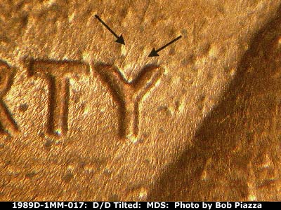 Die-stage B marker on 1989D•1MM•017 (1989 Repunched Mint Mark).