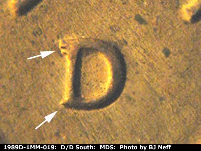 Die-stage B marker on 1989D•1MM•019 (1989 Repunched Mint Mark).