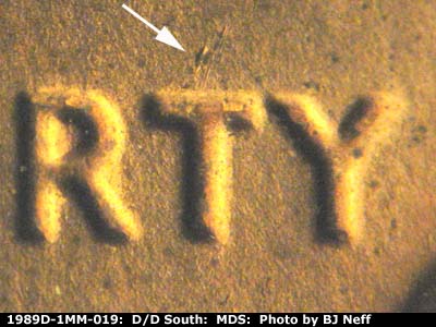 Die-stage B marker on 1989D•1MM•019 (1989 Repunched Mint Mark).