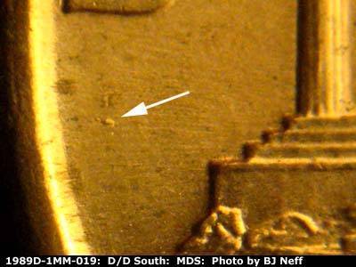 Die-stage B marker on 1989D•1MM•019 (1989 Repunched Mint Mark).