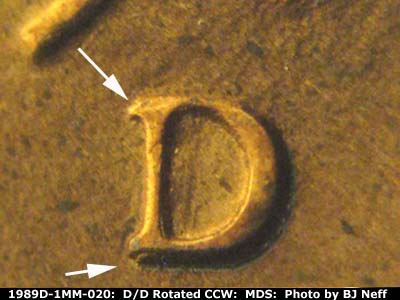 Die-stage B marker on 1989D•1MM•020 (1989 Repunched Mint Mark).