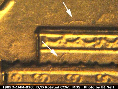 Die-stage B marker on 1989D•1MM•020 (1989 Repunched Mint Mark).