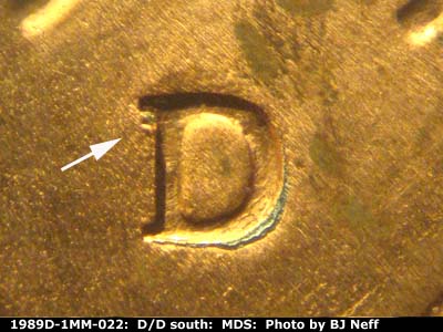Die-stage B marker on 1989D•1MM•022 (1989 Repunched Mint Mark).