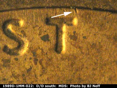 Die-stage B marker on 1989D•1MM•022 (1989 Repunched Mint Mark).