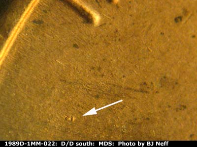 Die-stage B marker on 1989D•1MM•022 (1989 Repunched Mint Mark).