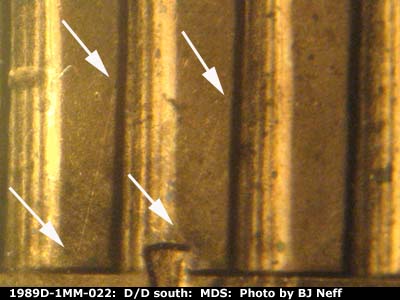 Die-stage B marker on 1989D•1MM•022 (1989 Repunched Mint Mark).