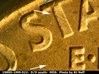 Die-stage B marker on 1989D•1MM•022 (1989 Repunched Mint Mark).