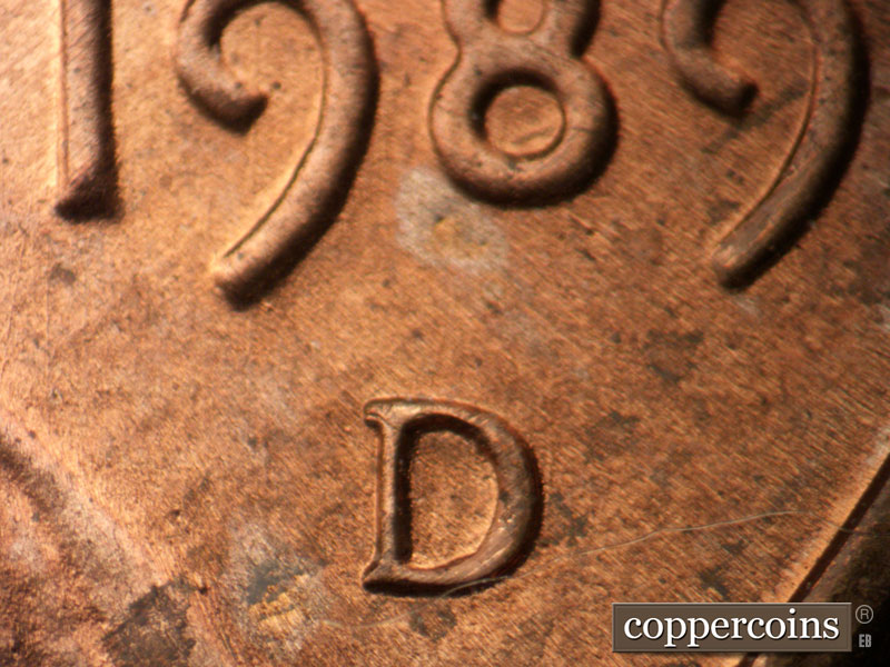 1989 Lincoln cent obverse, CopperCoins die 1989D•1MM•026.