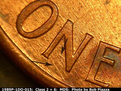 Die-stage B marker on 1989P•1DO•015 (1989 Doubled Die Obverse).