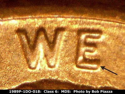 Die-stage B marker on 1989P•1DO•018 (1989 Doubled Die Obverse).