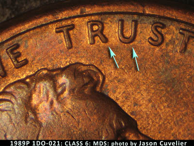 Die-stage B marker on 1989P•1DO•021 (1989 Doubled Die Obverse).