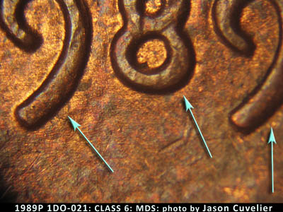 Die-stage B marker on 1989P•1DO•021 (1989 Doubled Die Obverse).