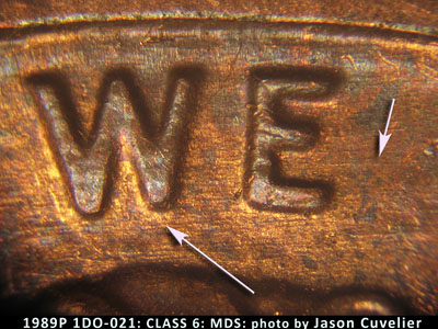 Die-stage B marker on 1989P•1DO•021 (1989 Doubled Die Obverse).