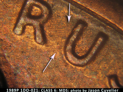 Die-stage B marker on 1989P•1DO•021 (1989 Doubled Die Obverse).