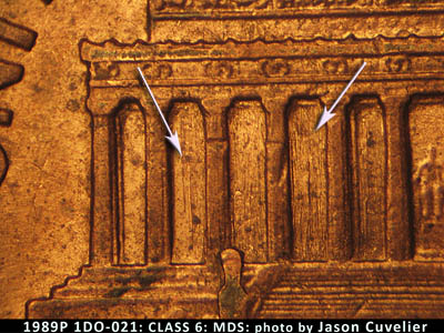 Die-stage B marker on 1989P•1DO•021 (1989 Doubled Die Obverse).