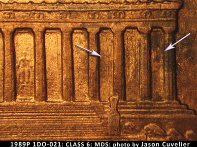 Die-stage B marker on 1989P•1DO•021 (1989 Doubled Die Obverse).