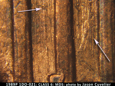 Die-stage B marker on 1989P•1DO•021 (1989 Doubled Die Obverse).