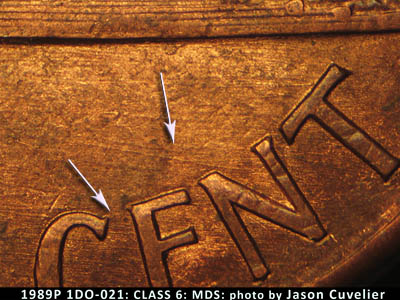 Die-stage B marker on 1989P•1DO•021 (1989 Doubled Die Obverse).