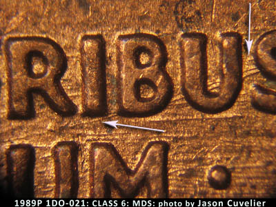Die-stage B marker on 1989P•1DO•021 (1989 Doubled Die Obverse).