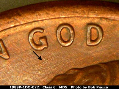 Die-stage B marker on 1989P•1DO•022 (1989 Doubled Die Obverse).