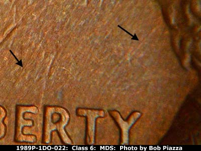 Die-stage B marker on 1989P•1DO•022 (1989 Doubled Die Obverse).