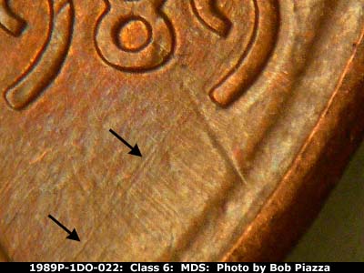 Die-stage B marker on 1989P•1DO•022 (1989 Doubled Die Obverse).