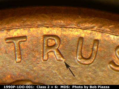 Die-stage B marker on 1990P•1DO•001 (1990 Doubled Die Obverse).