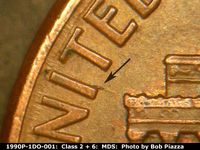 Die-stage B marker on 1990P•1DO•001 (1990 Doubled Die Obverse).
