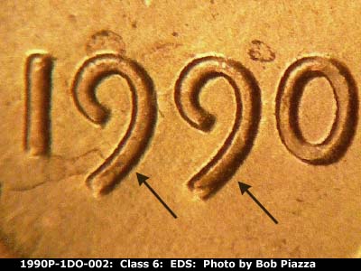 Die-stage A marker on 1990P•1DO•002 (1990 Doubled Die Obverse).