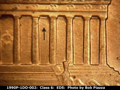 Die-stage A marker on 1990P•1DO•002 (1990 Doubled Die Obverse).