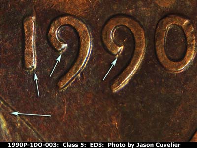 Die-stage A marker on 1990P•1DO•003 (1990 Doubled Die Obverse).
