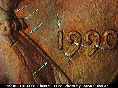 Die-stage A marker on 1990P•1DO•003 (1990 Doubled Die Obverse).