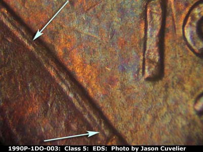 Die-stage A marker on 1990P•1DO•003 (1990 Doubled Die Obverse).
