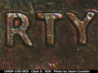 Die-stage A marker on 1990P•1DO•003 (1990 Doubled Die Obverse).
