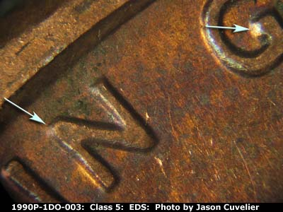 Die-stage A marker on 1990P•1DO•003 (1990 Doubled Die Obverse).