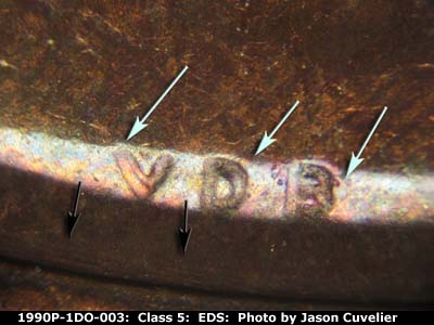 Die-stage A marker on 1990P•1DO•003 (1990 Doubled Die Obverse).